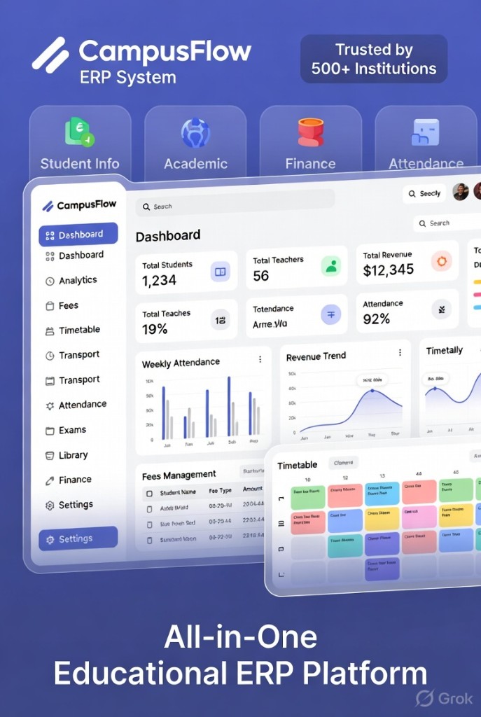 CampusFlow all-in-one educational ERP platform dashboard with student info, academics, finance, and attendance modules