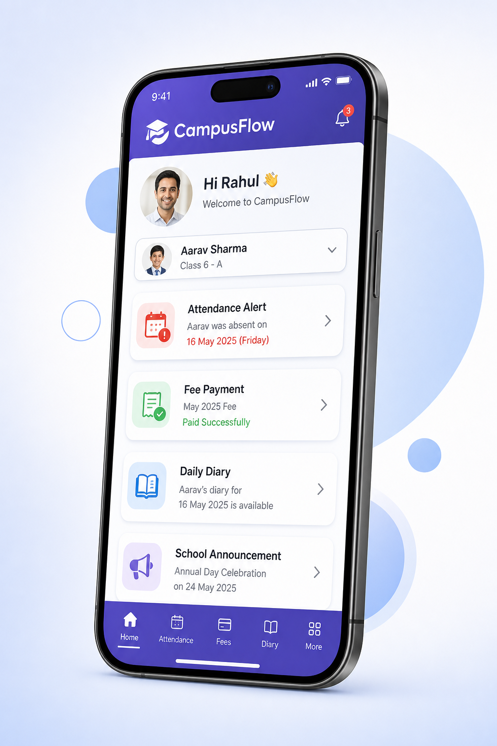 CampusFlow mobile app for parents and teachers with attendance, fees, and diary updates