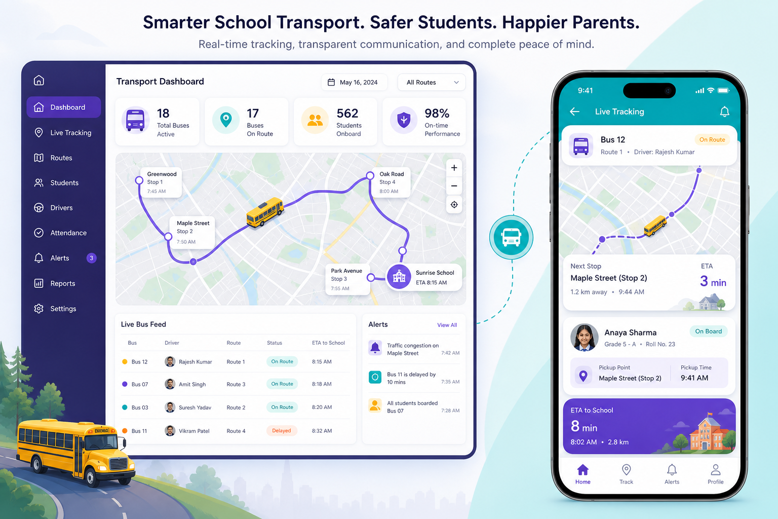 CampusFlow school transport module with live GPS bus tracking for parents