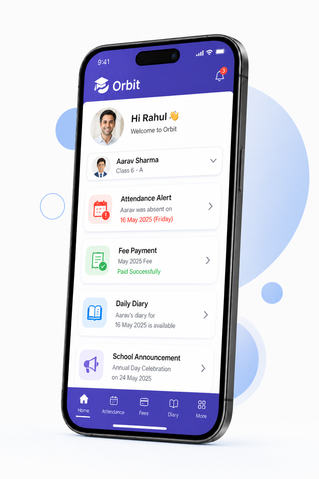 Orbit mobile app for parents and teachers with attendance, fees, and diary updates