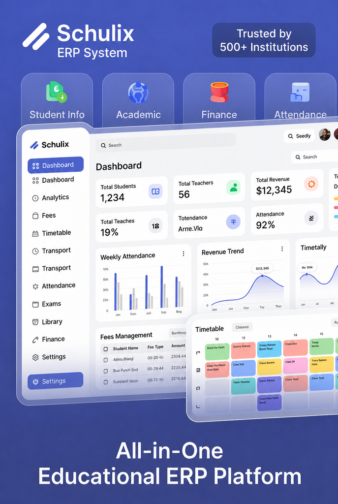 Schulix all-in-one educational ERP platform dashboard with student info, academics, finance, and attendance modules