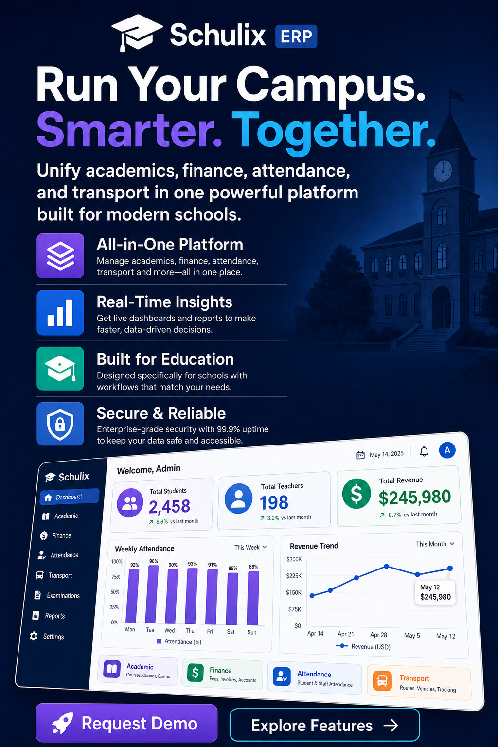 Schulix ERP hero dashboard with school analytics and module overview