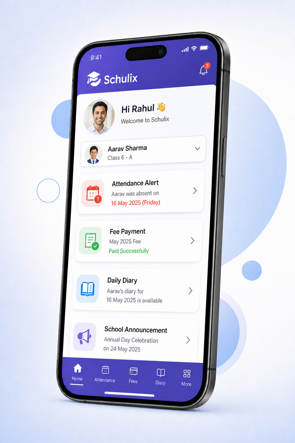 Schulix mobile app for parents and teachers with attendance, fees, and diary updates
